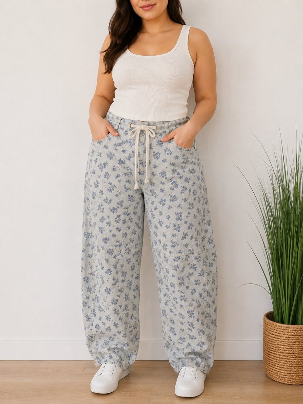 Floral Print Barrel Jeans Drawstring Waist Denim Peach Love Size L